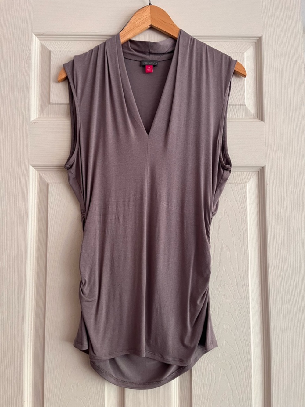 Vince Camuto Ruched Sides Sleeveless V-Neck Women’s Top - Soft Gray